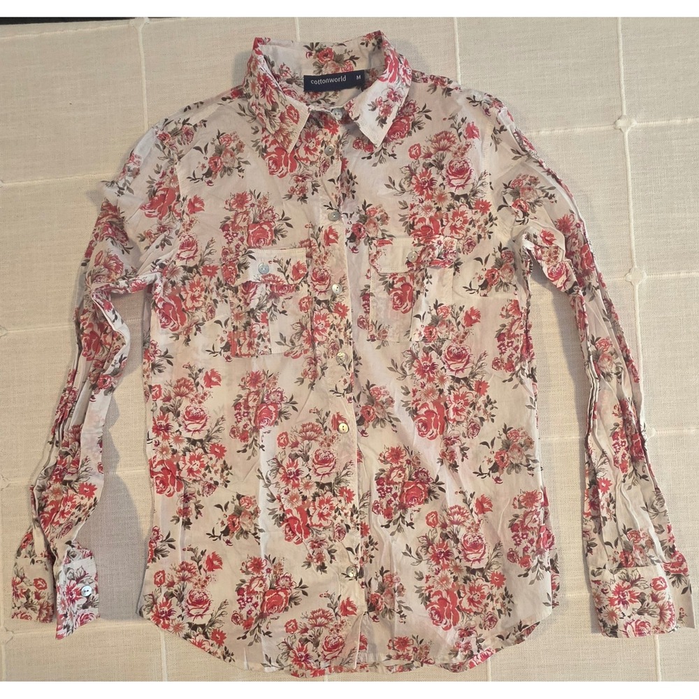 Cottonworld Womens Red Floral Button Down Long Sleeve Shirt Size M